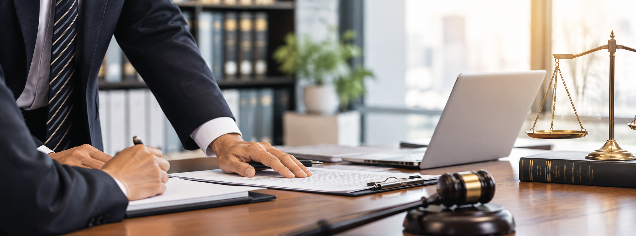 Legal team reviewing case documents during an office consultation